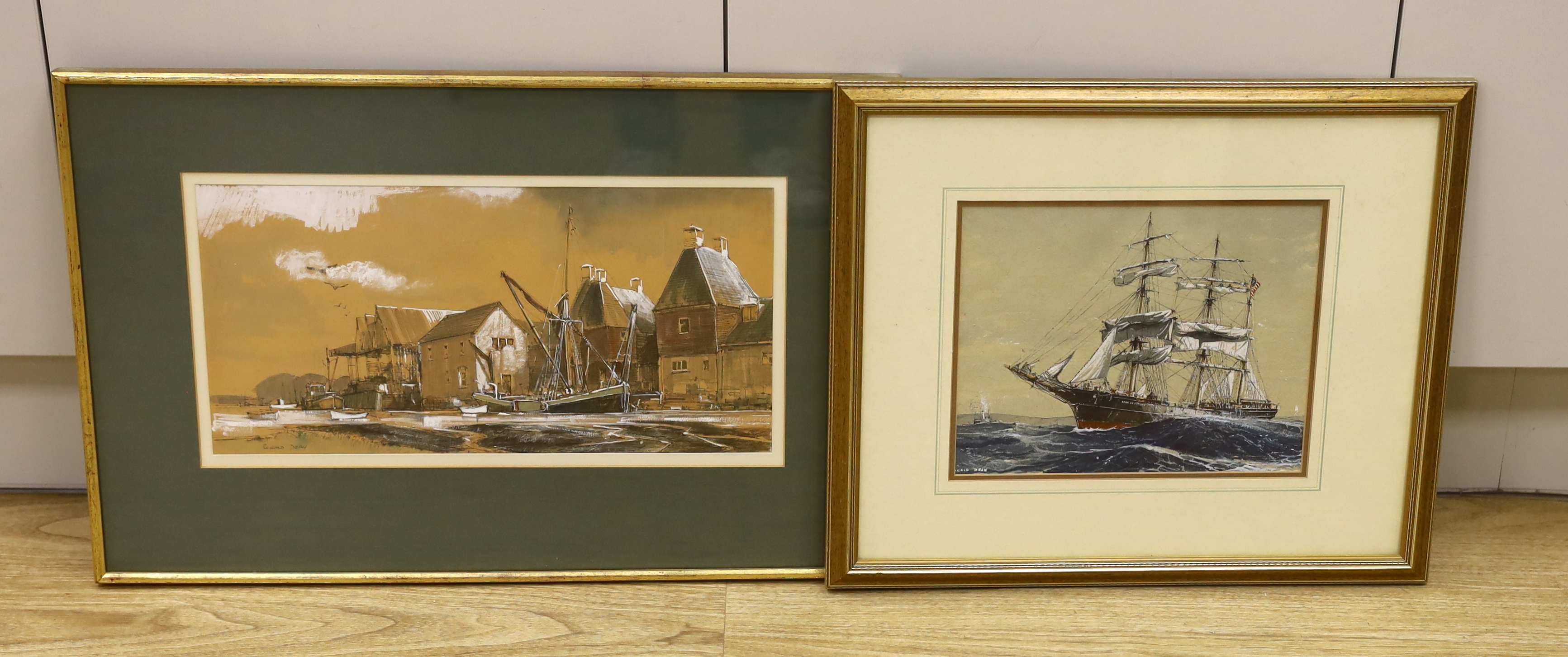 Ronald Dean (1929-2023), two heightened watercolours, Clipper ship and Dockland scene, each signed, largest 43 x 21cm